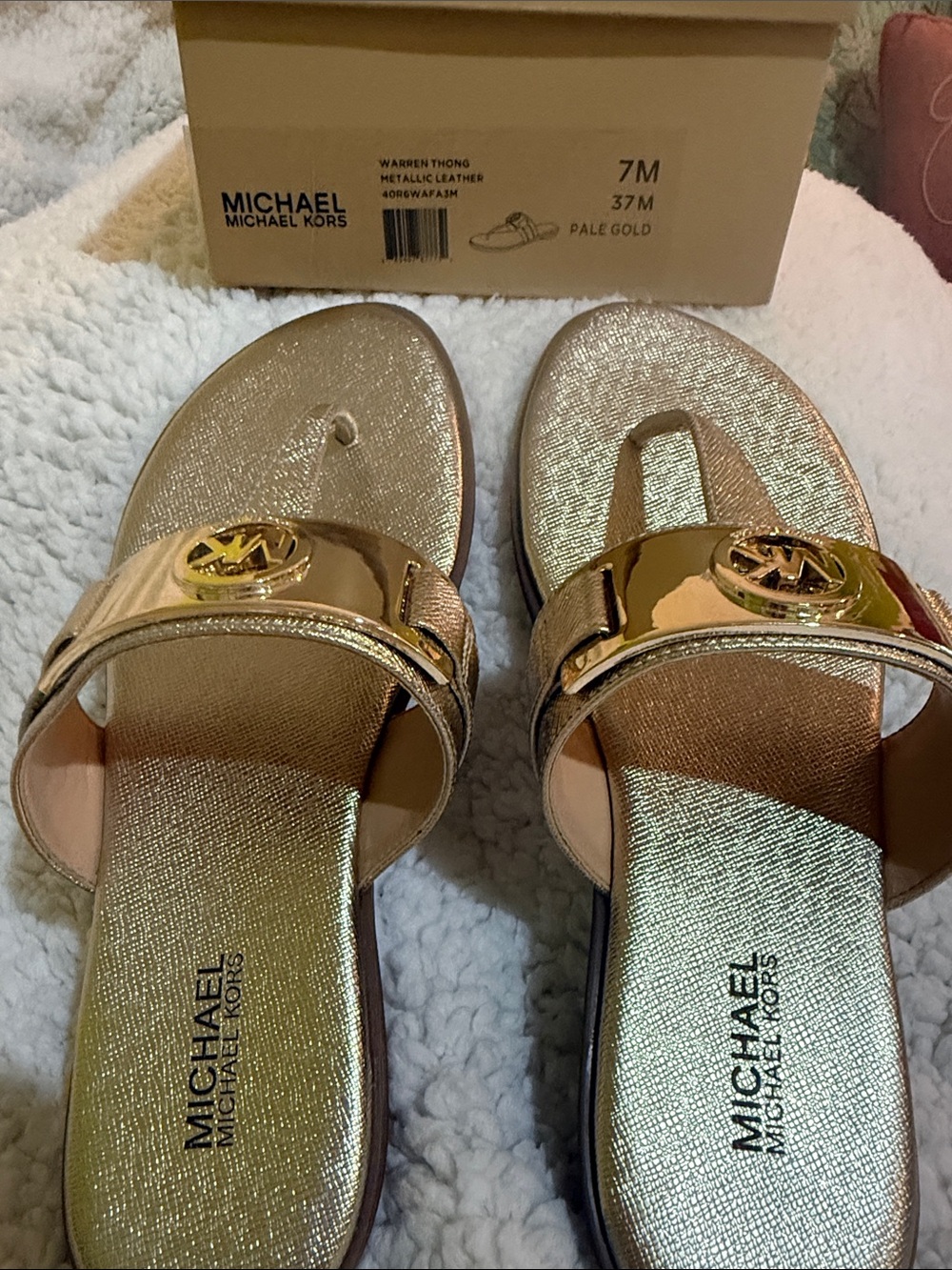 Michael Kors Gold Metallic Logo Thong Sandals